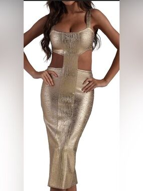 Bella Barnett Metallic Gold Cutout Bodycon Midi Dress size S-NWT